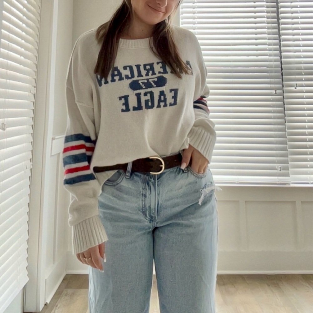 American Eagle Retro Cream Cotton w/ Red & Blue Stripes Sweater